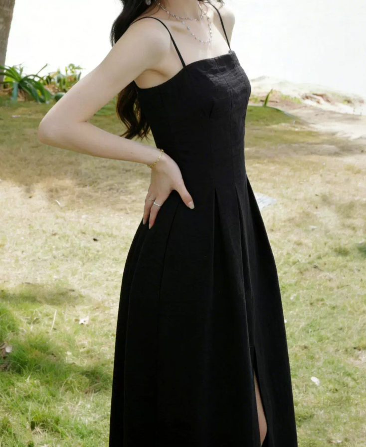 Elegant Spaghetti Straps Prom Dress Black Slit A-Line Evening Dress C9606