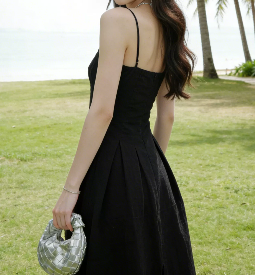 Elegant Spaghetti Straps Prom Dress Black Slit A-Line Evening Dress C9606