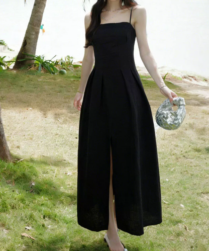 Elegant Spaghetti Straps Prom Dress Black Slit A-Line Evening Dress C9606