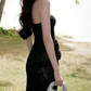 Glam Strapless Black Prom Dress Lace Floral Mermaid Evening Dress C9607