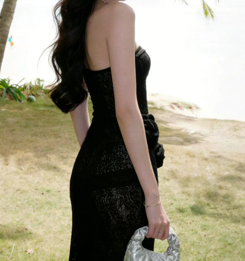 Glam Strapless Black Prom Dress Lace Floral Mermaid Evening Dress C9607