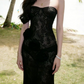 Glam Strapless Black Prom Dress Lace Floral Mermaid Evening Dress C9607