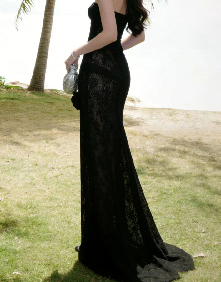 Glam Strapless Black Prom Dress Lace Floral Mermaid Evening Dress C9607