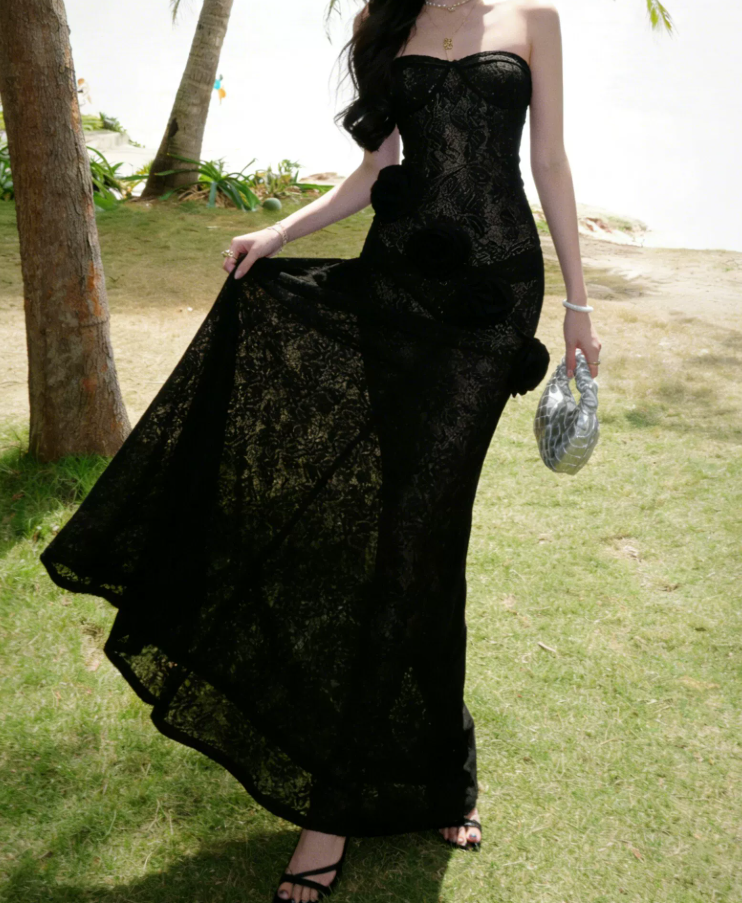 Glam Strapless Black Prom Dress Lace Floral Mermaid Evening Dress C9607