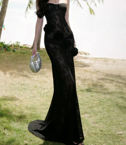 Glam Strapless Black Prom Dress Lace Floral Mermaid Evening Dress C9607