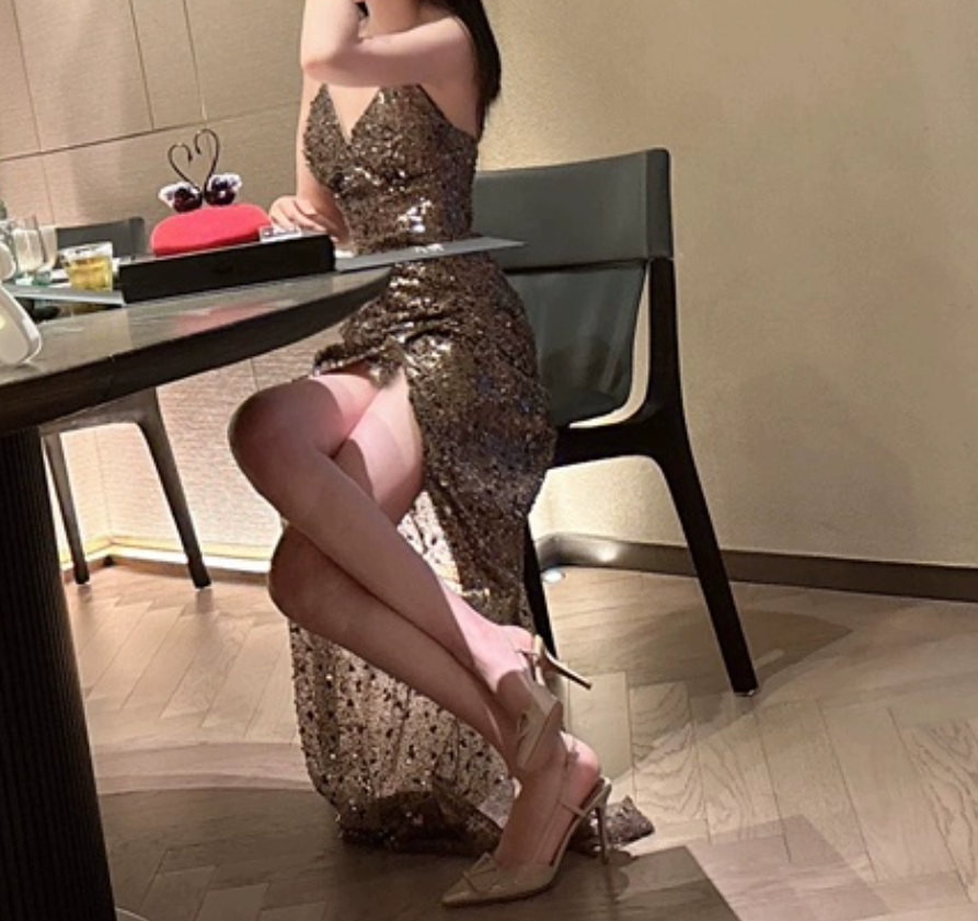 Glittering Spaghetti Strap Slit Prom Dress Brown Sequins Mermaid Evening Dress C9609