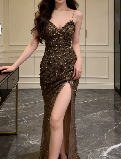 Glittering Spaghetti Strap Slit Prom Dress Brown Sequins Mermaid Evening Dress C9609