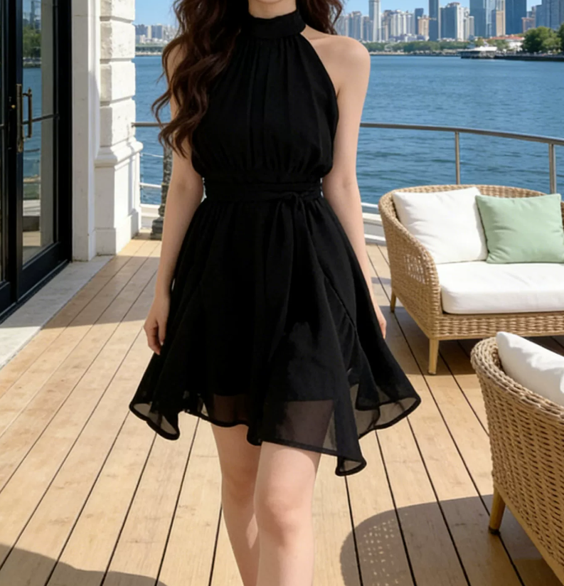 Classical Halter Neck Homecoming Dress Black Chiffon A-Line Party Dress C9610