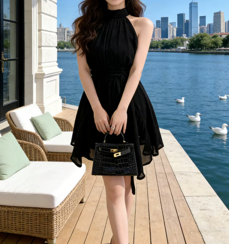 Classical Halter Neck Homecoming Dress Black Chiffon A-Line Party Dress C9610