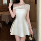 Gorgeous Off-Shoulder Homecoming Dress White Satin A-Line Party Dress C9612