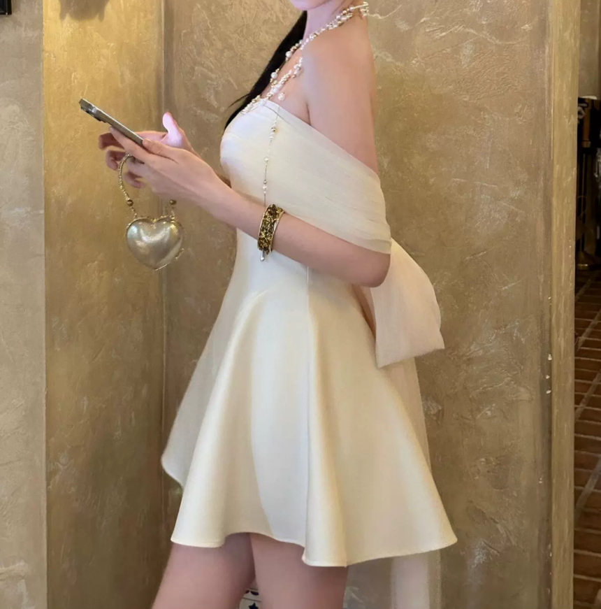 Gorgeous Off-Shoulder Homecoming Dress White Satin A-Line Party Dress C9612