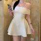 Gorgeous Off-Shoulder Homecoming Dress White Satin A-Line Party Dress C9612
