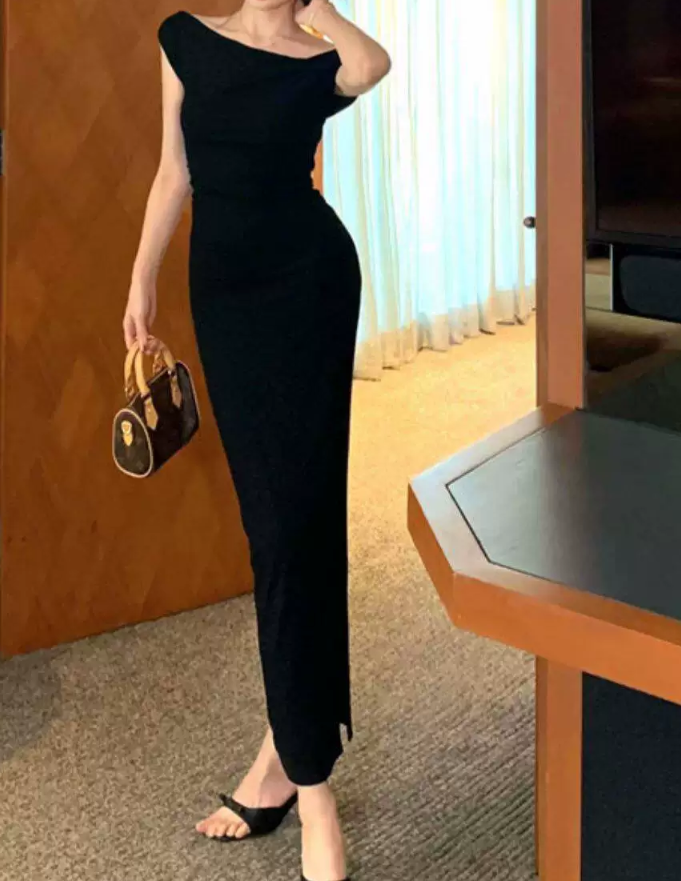 Trendy Off-Shoulder Prom Dress Black Sheath Evening Dress C9615