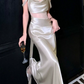 Romantic Off-Shoulder Prom Dress Silver Lace Sheath Evening Dress C9616