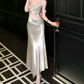 Romantic Off-Shoulder Prom Dress Silver Lace Sheath Evening Dress C9616