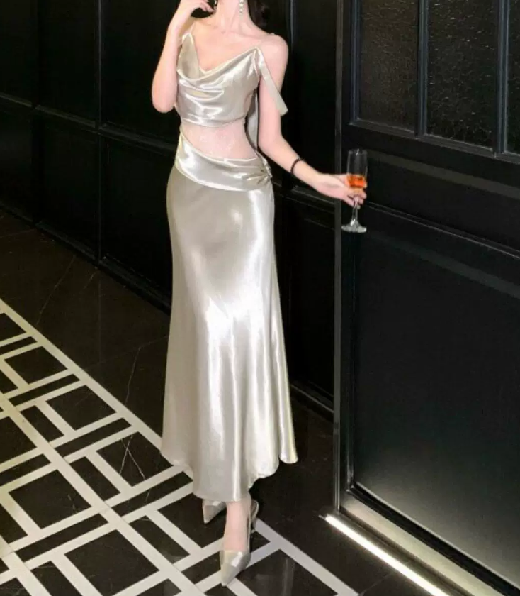 Romantic Off-Shoulder Prom Dress Silver Lace Sheath Evening Dress C9616