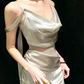 Romantic Off-Shoulder Prom Dress Silver Lace Sheath Evening Dress C9616