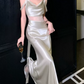 Romantic Off-Shoulder Prom Dress Silver Lace Sheath Evening Dress C9616