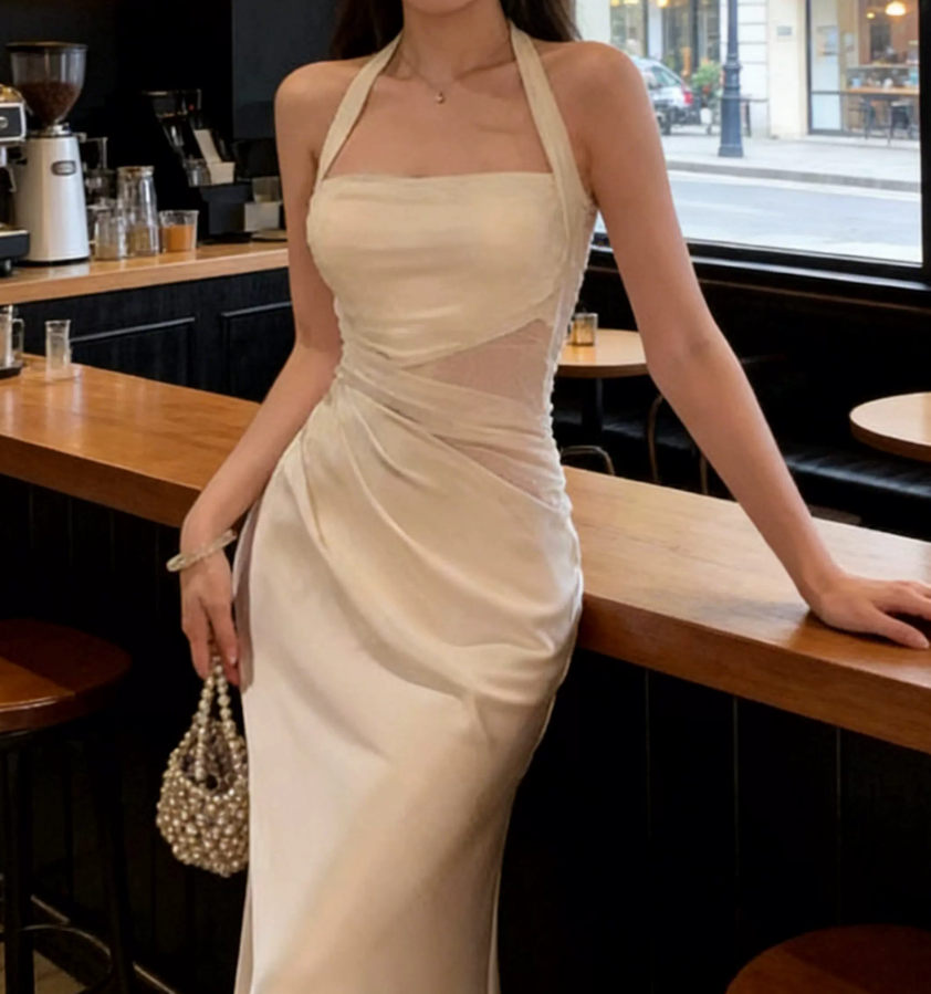 Classical Halter Neck Wedding Dresses White Satin Mermaid Bridal Dress C9617