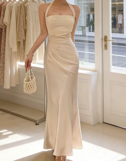 Classical Halter Neck Wedding Dresses White Satin Mermaid Bridal Dress C9617