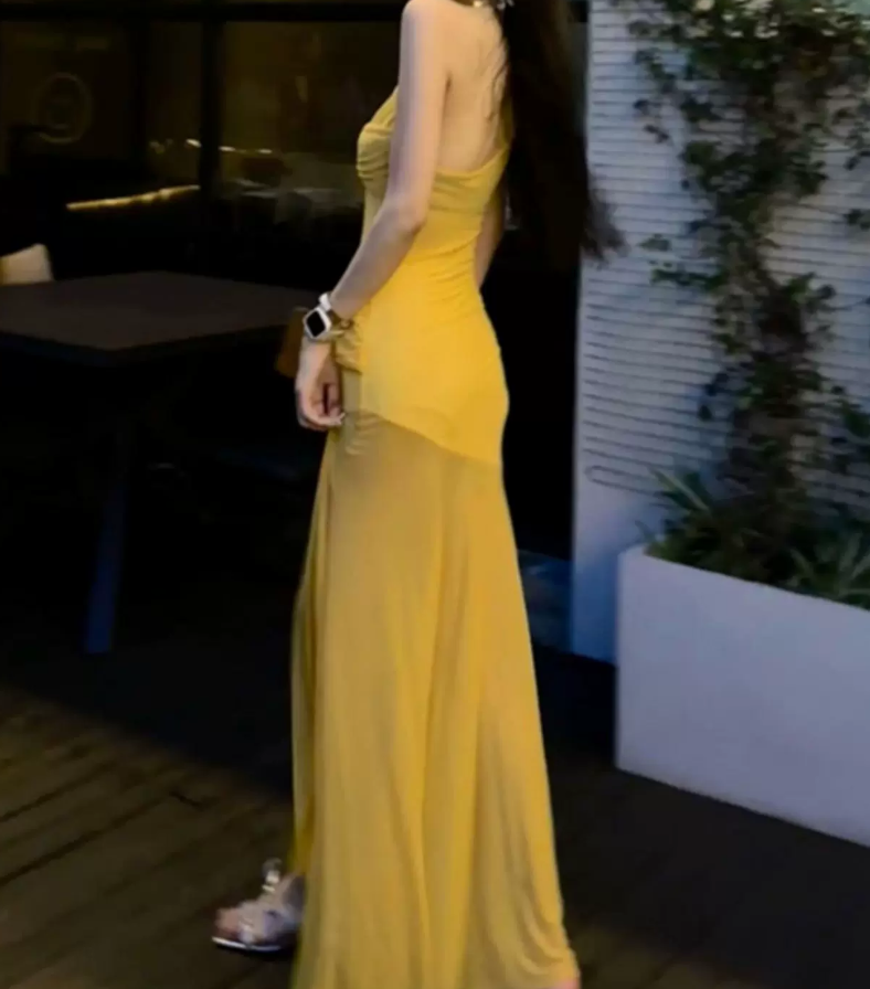 Vibrant Spaghetti Strap Prom Dress Yellow Mermaid Evening Dress C9620