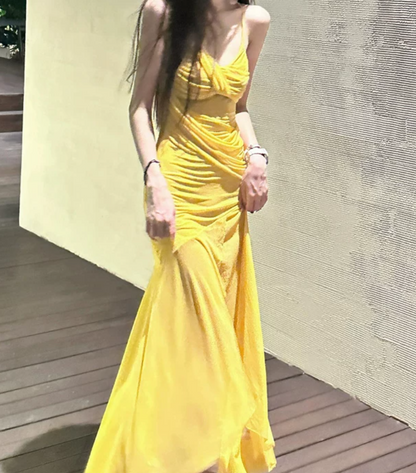 Vibrant Spaghetti Strap Prom Dress Yellow Mermaid Evening Dress C9620
