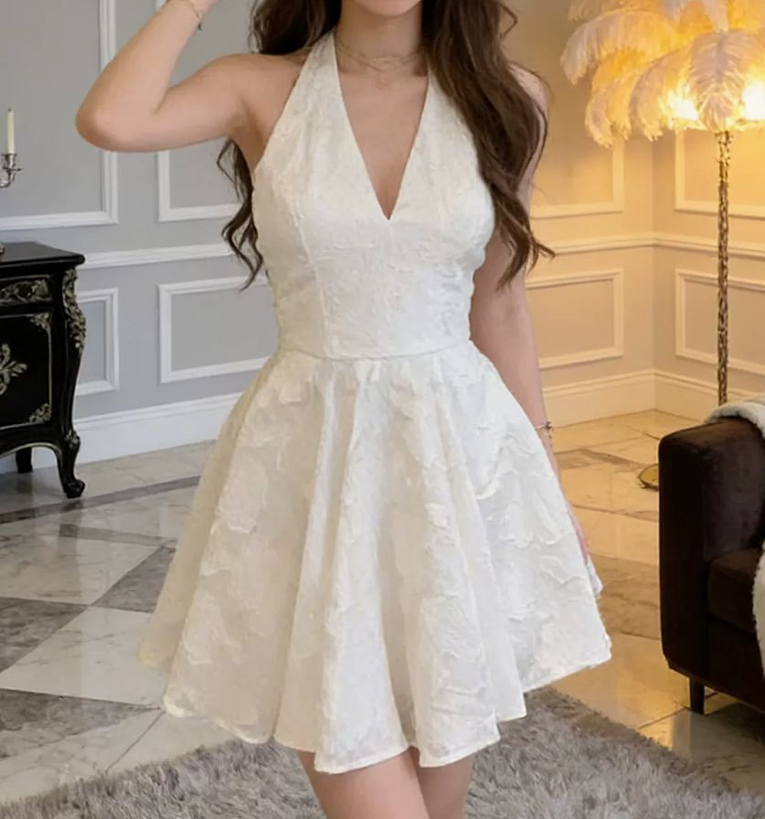 Glam Halter Neck Backless Homecoming Dress White Floral A-Line Party Dress C9621