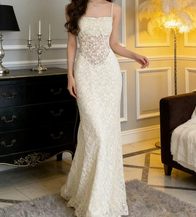 Graceful Spaghetti Straps Prom Dress White Lace A-Line Evening Dress C9622