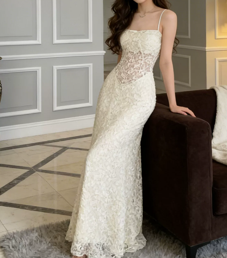 Graceful Spaghetti Straps Prom Dress White Lace A-Line Evening Dress C9622