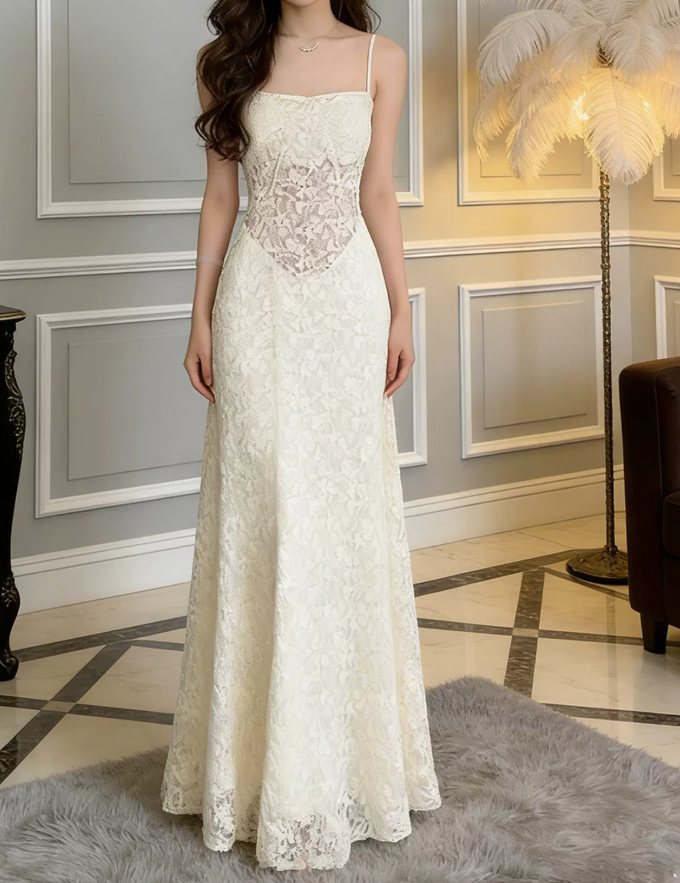 Graceful Spaghetti Straps Prom Dress White Lace A-Line Evening Dress C9622