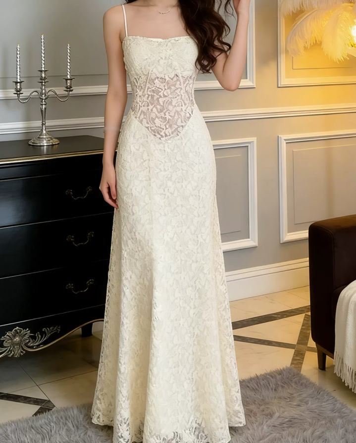 Graceful Spaghetti Straps Prom Dress White Lace A-Line Evening Dress C9622