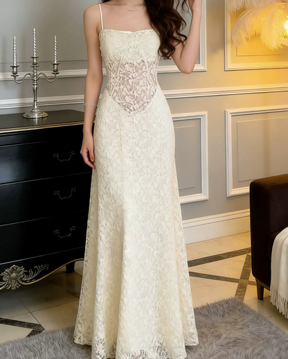 Graceful Spaghetti Straps Prom Dress White Lace A-Line Evening Dress C9622