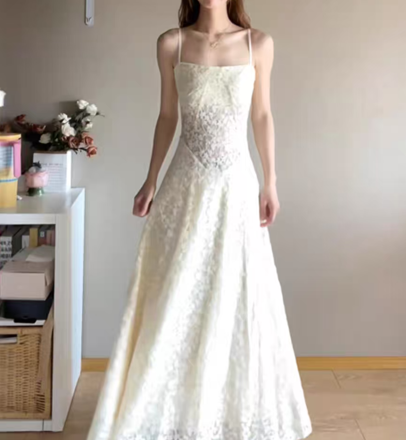Graceful Spaghetti Straps Prom Dress White Lace A-Line Evening Dress C9622