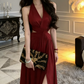 Classical Halter Neck Prom Dress Red Slit A-Line Evening Dress C9623