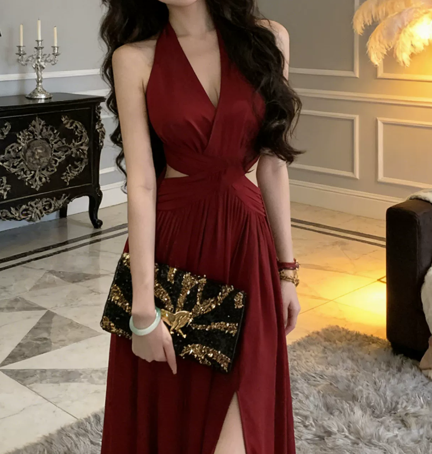 Classical Halter Neck Prom Dress Red Slit A-Line Evening Dress C9623