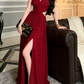 Classical Halter Neck Prom Dress Red Slit A-Line Evening Dress C9623