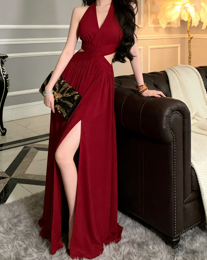 Classical Halter Neck Prom Dress Red Slit A-Line Evening Dress C9623