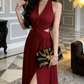 Classical Halter Neck Prom Dress Red Slit A-Line Evening Dress C9623