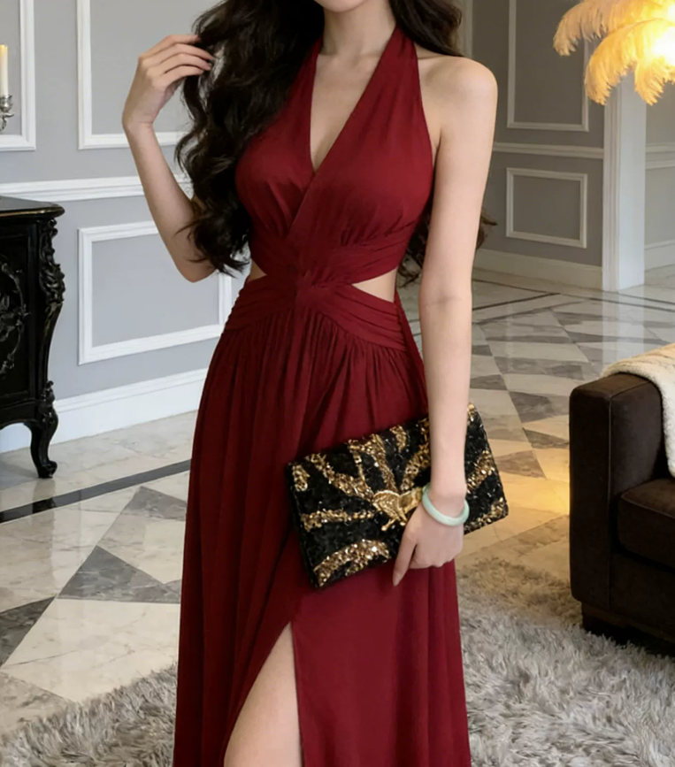Classical Halter Neck Prom Dress Red Slit A-Line Evening Dress C9623