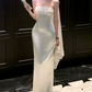 Ornate Strapless Wedding Dresses With Scarf Sequins Satin Mermaid Bridal Dress C9624