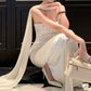 Ornate Strapless Wedding Dresses With Scarf Sequins Satin Mermaid Bridal Dress C9624