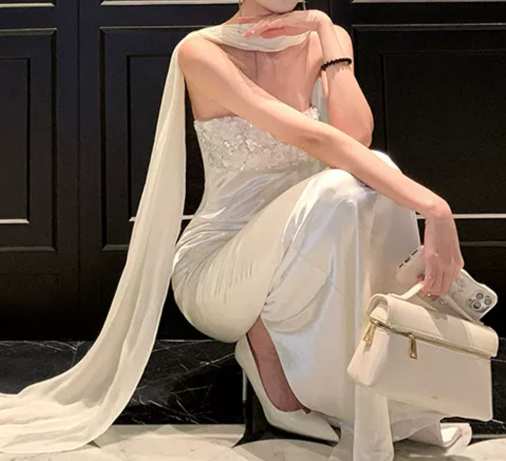Ornate Strapless Wedding Dresses With Scarf Sequins Satin Mermaid Bridal Dress C9624