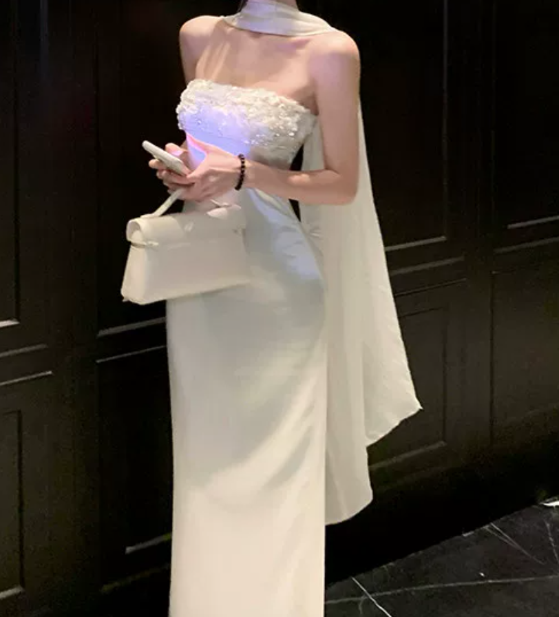Ornate Strapless Wedding Dresses With Scarf Sequins Satin Mermaid Bridal Dress C9624