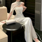 Ornate Strapless Wedding Dresses With Scarf Sequins Satin Mermaid Bridal Dress C9624