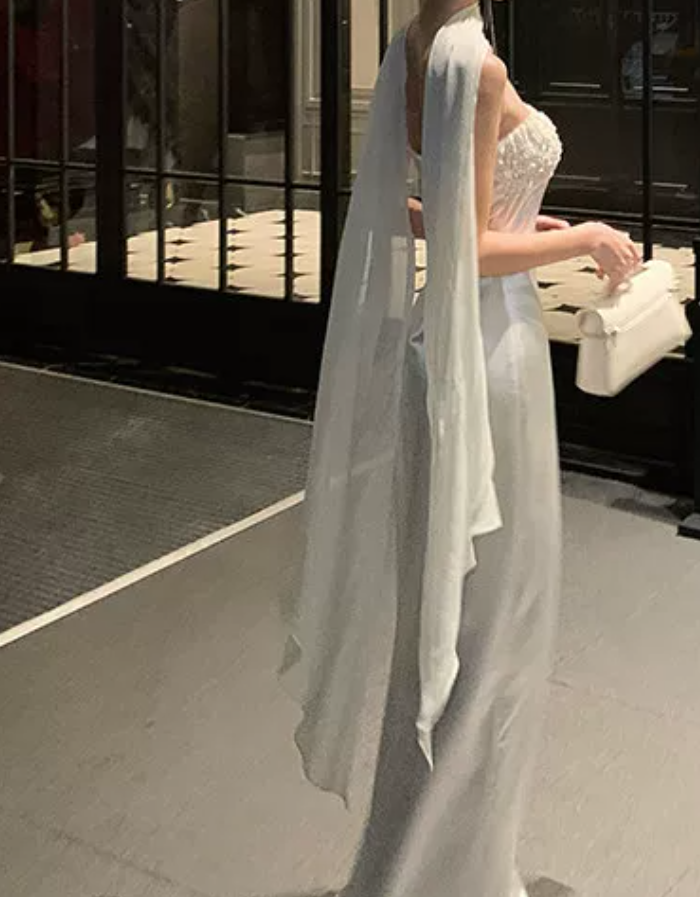 Ornate Strapless Wedding Dresses With Scarf Sequins Satin Mermaid Bridal Dress C9624