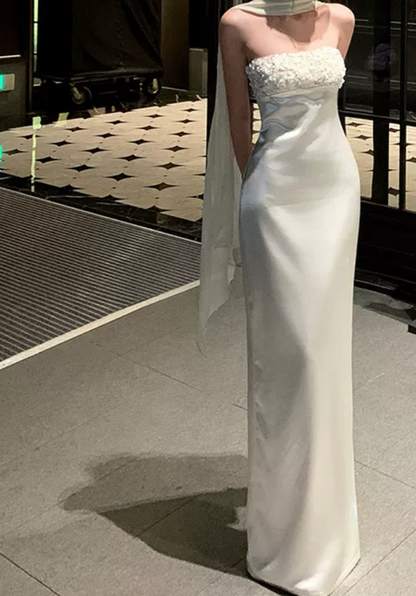 Ornate Strapless Wedding Dresses With Scarf Sequins Satin Mermaid Bridal Dress C9624