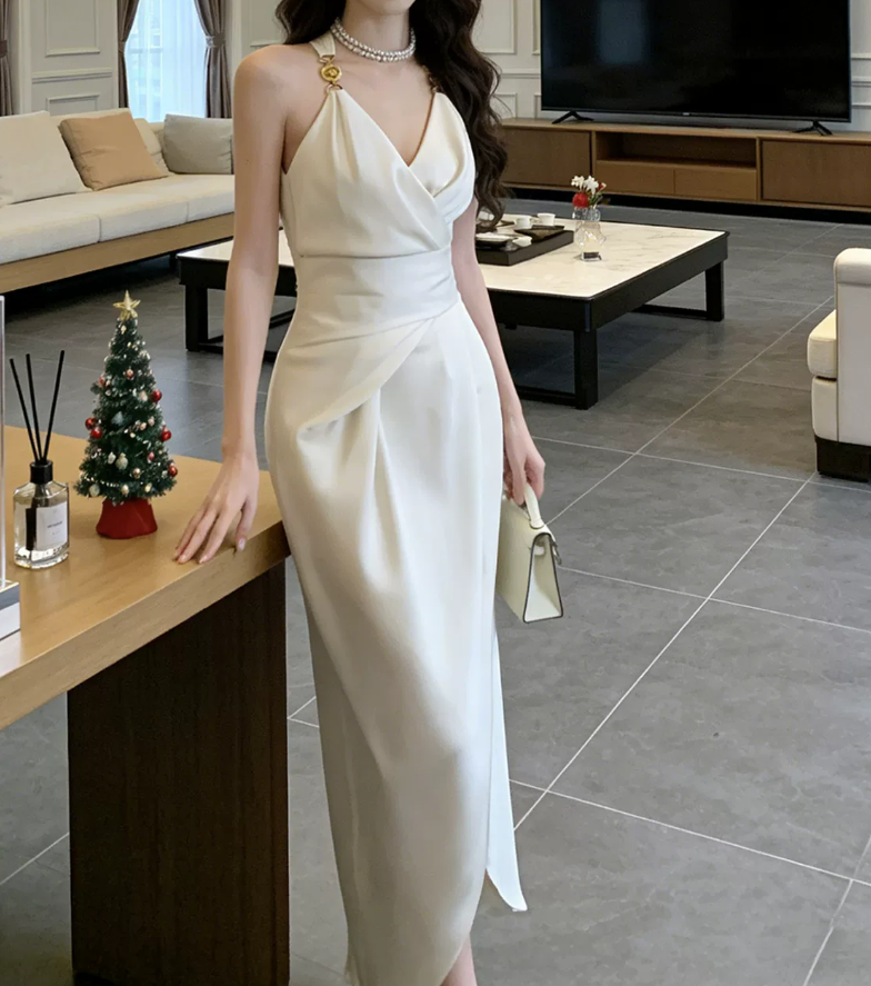 Trendy Halter Neck Prom Dress White Slit Sheath Evening Dress C9626