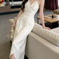 Trendy Halter Neck Prom Dress White Slit Sheath Evening Dress C9626