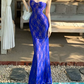 Playful Spaghetti Strap Prom Dress Blue Lace Mermaid Evening Dress C9627