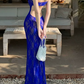 Playful Spaghetti Strap Prom Dress Blue Lace Mermaid Evening Dress C9627